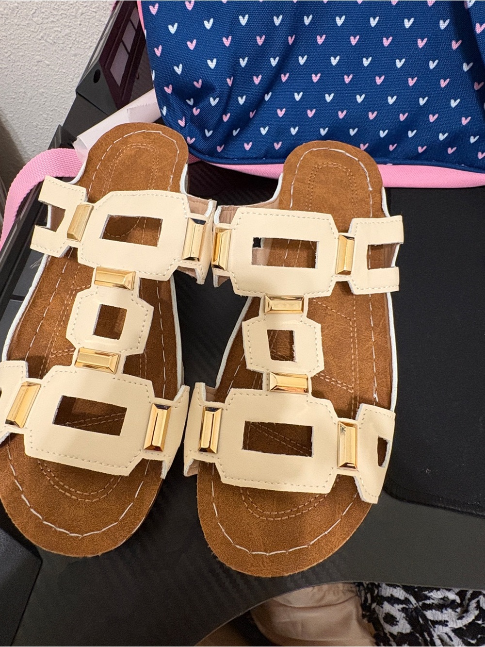 Women's Cream Geometric Cutout Slide Sandals with Gold Accents